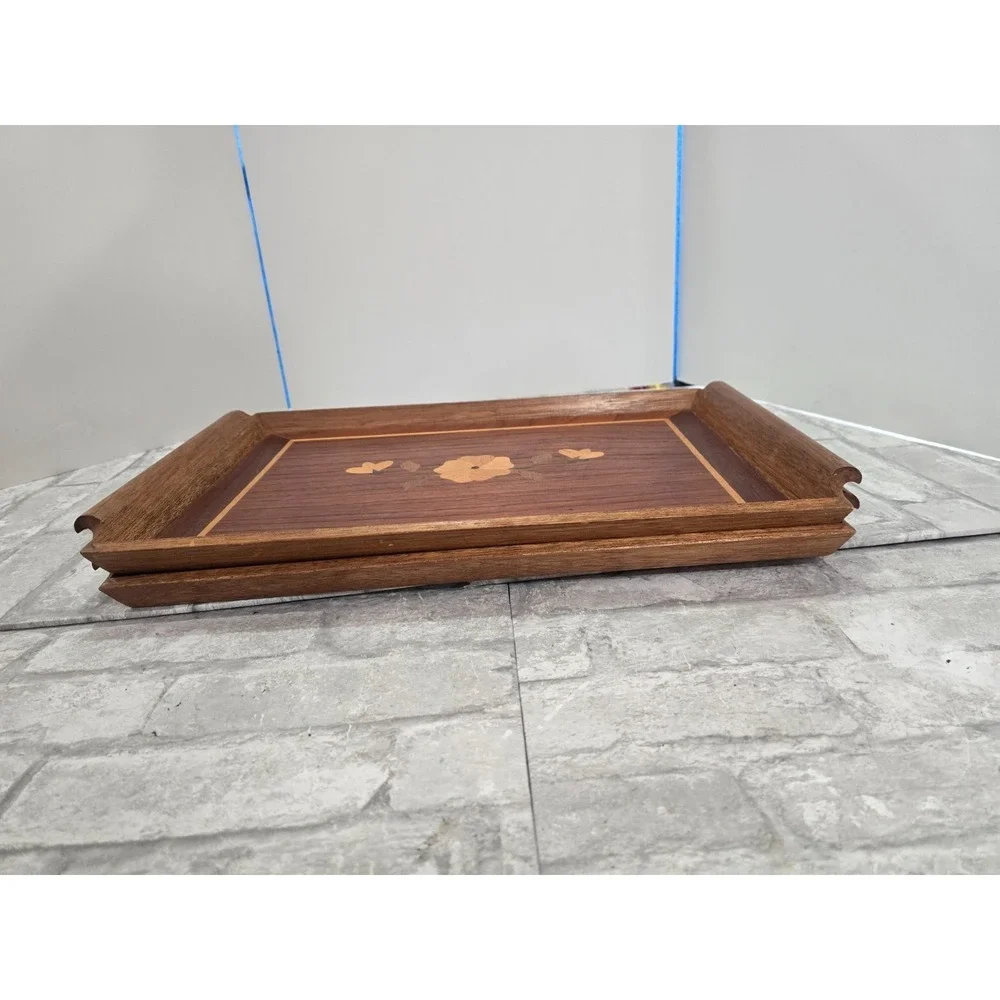 2 Vintage Mid Century Riekes Crisa Wood Inlay Tray Spline Joints Floral Motif